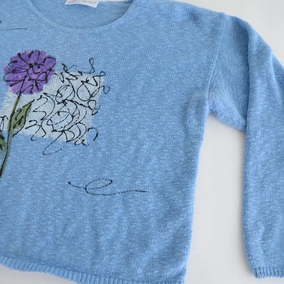 Vintage Victoria Blue with Purple Floral Knit Scoop Neck Cropped Sweater S - Picture 6 of 9